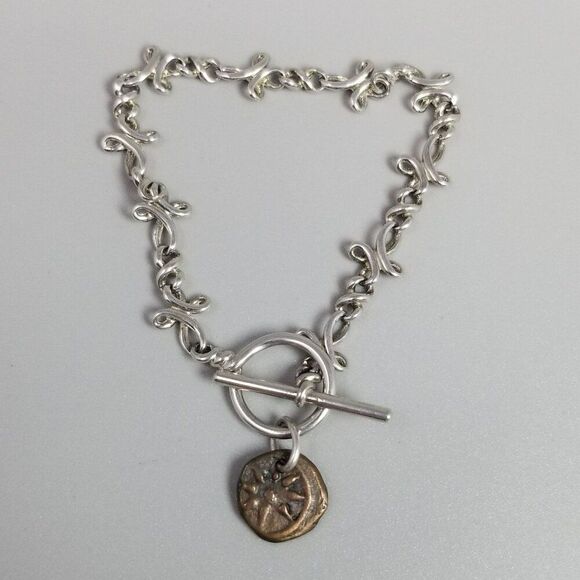 Vintage The Gift Premier Designs Silver Tone Copper Coin Accent Toggle Bracelet - Picture 3 of 7